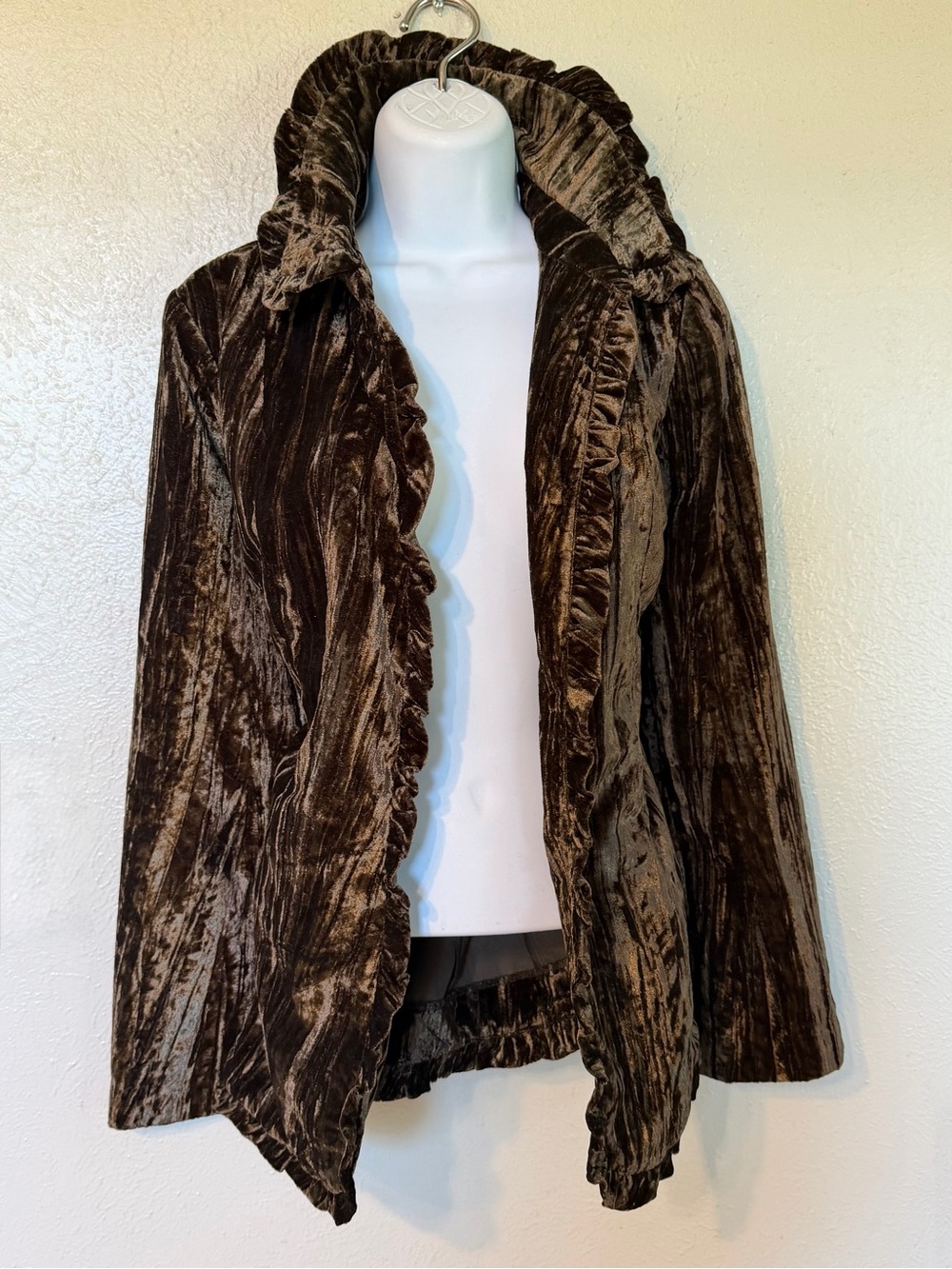 Victor Costa Occasion Chocolate Brown Crushed Velvet Ruffle Trim Jacket Sz S NWT